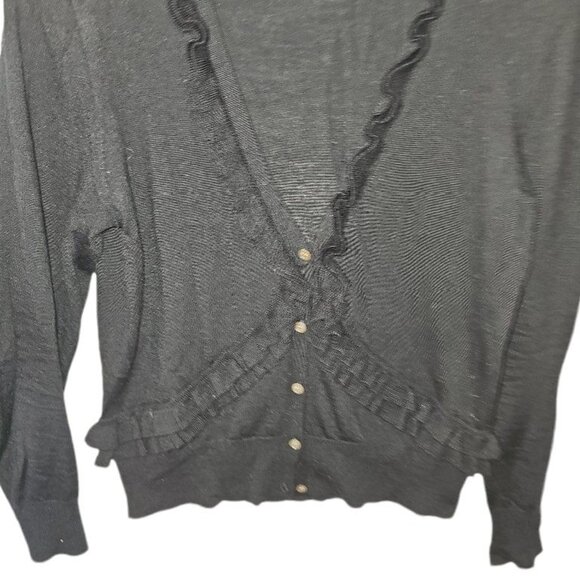 J. Crew Black Cardigan 100% Merino Wool‎ L Large Ruffle Lightweight Soft - Picture 6 of 11